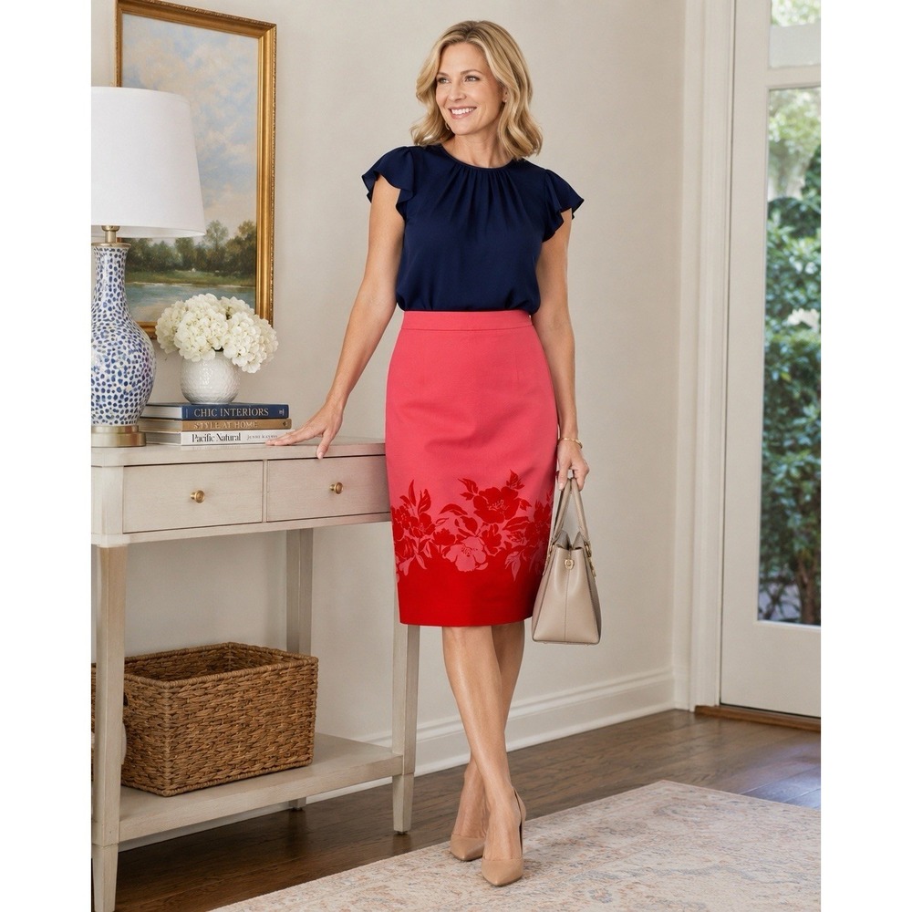Talbots Pink to Red Ombre Floral Pencil Skirt